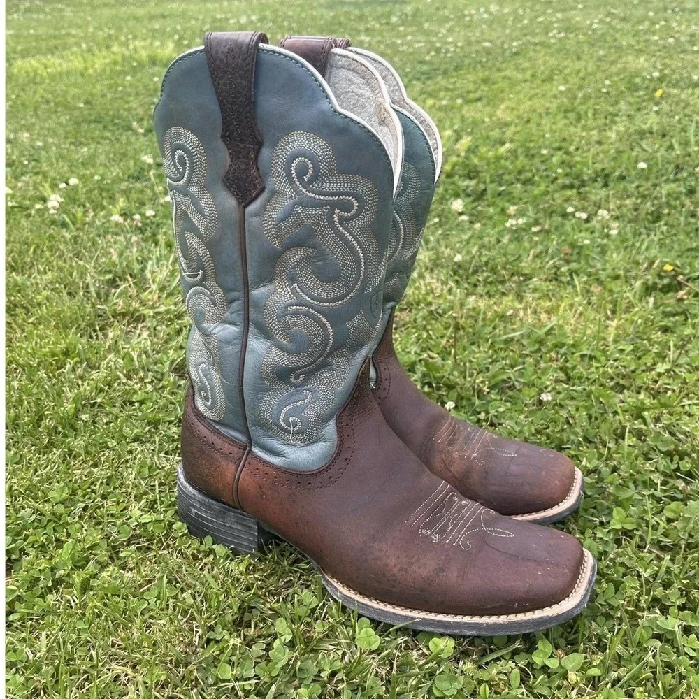 Ariat Quickdraw Western Cowboy Boots Women's 9B Brown Turquoise Square Toe - Picture 6 of 12